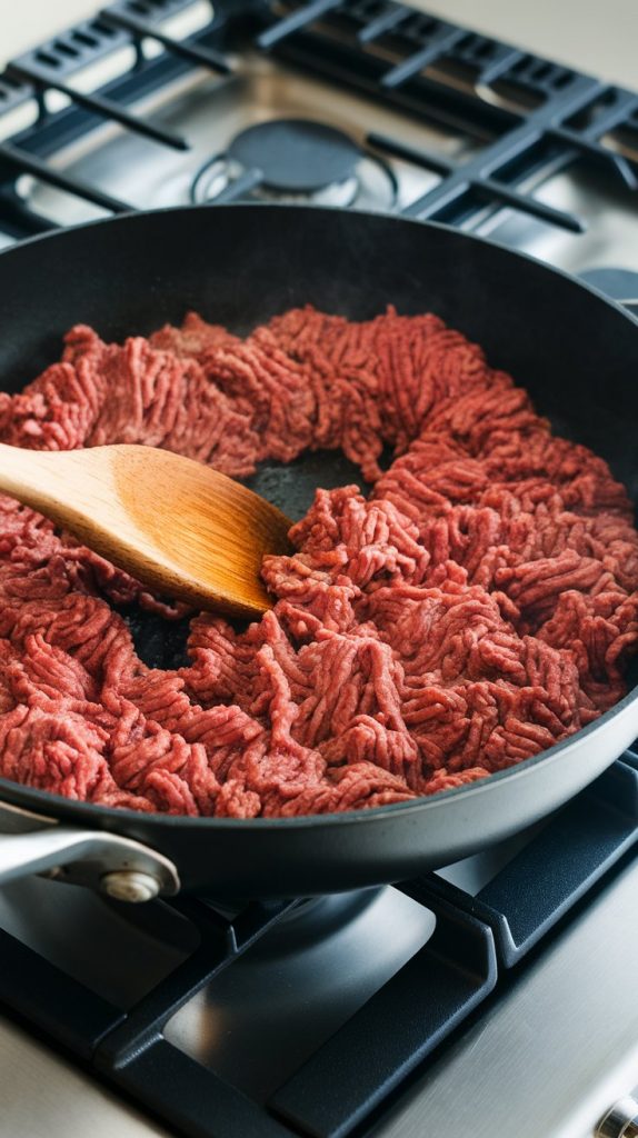 A close-up of ground beef being browned in a large skillet with a wooden spoon breaking up the meat