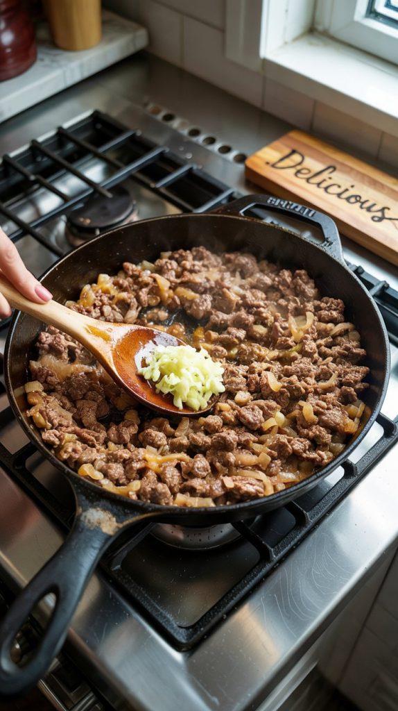 Close-up of browned ground beef, diced onion, and minced garlic cooking in a skillet, garlic just added and being stirred in with a wooden spoon
