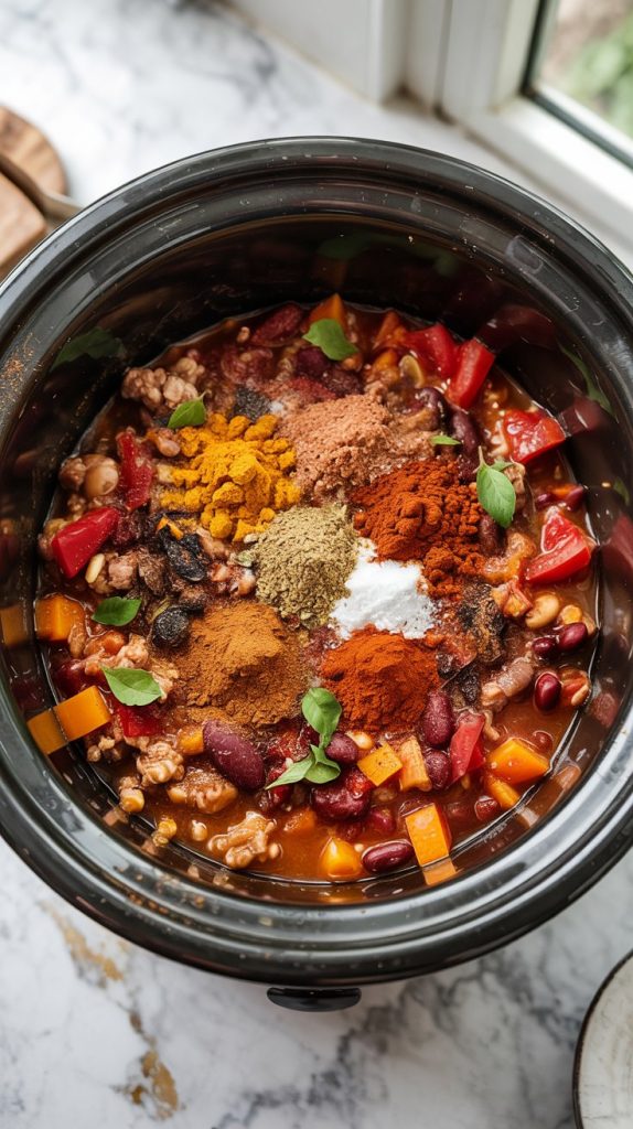 all ingredients — browned turkey mixture, pumpkin puree, diced tomatoes, kidney and black beans, chicken broth, and spices