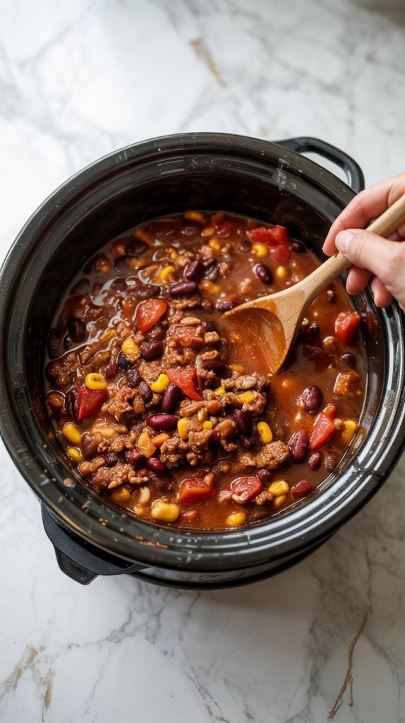 A close-up of a Crockpot filled with cooked ground beef, black beans, kidney beans, corn, diced tomatoes, tomato paste, beef broth, diced onion