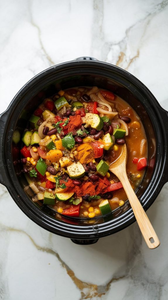 a wooden spoon stirring a colorful mix of diced veggies, beans, tomato paste, broth, and spices inside a Crockpot