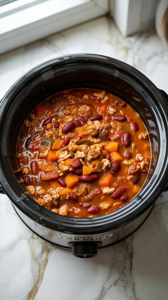 Crockpot Pumpkin Turkey Chili fully stirred