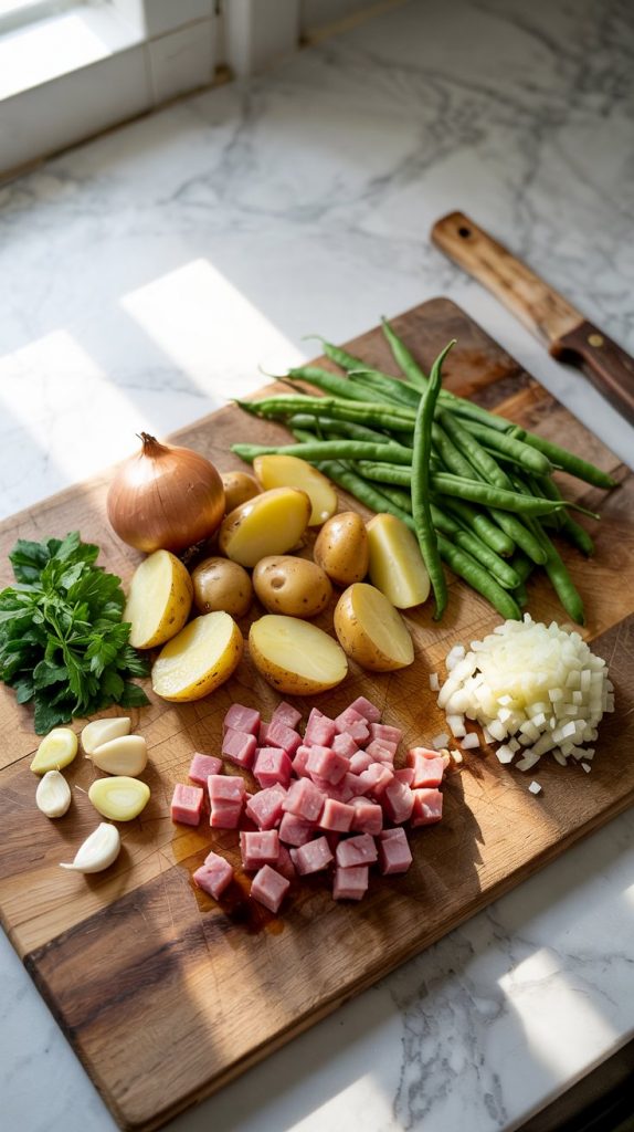 Close-up of fresh green beans trimmed, baby potatoes halved, diced onion, minced garlic, and cubed ham neatly arranged on a wooden cutting board