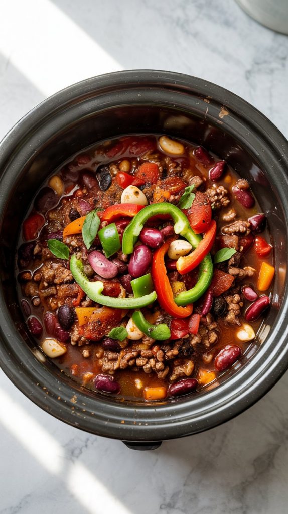 beef and veggie mix inside a crockpot, covered with spices, beans, diced tomatoes, and tomato paste before stirring