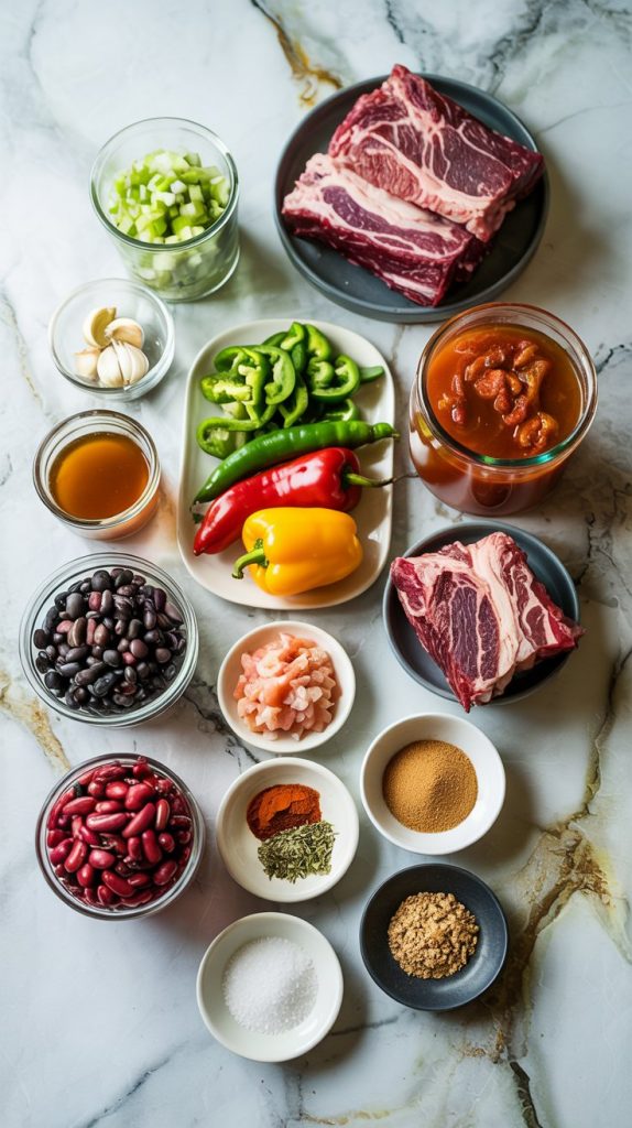 raw brisket chunks, diced yellow onion, minced garlic, diced red and green bell peppers, cans of black and red kidney beans, crushed tomatoes, a jar of beef broth, a spoonful of tomato paste, brown sugar
