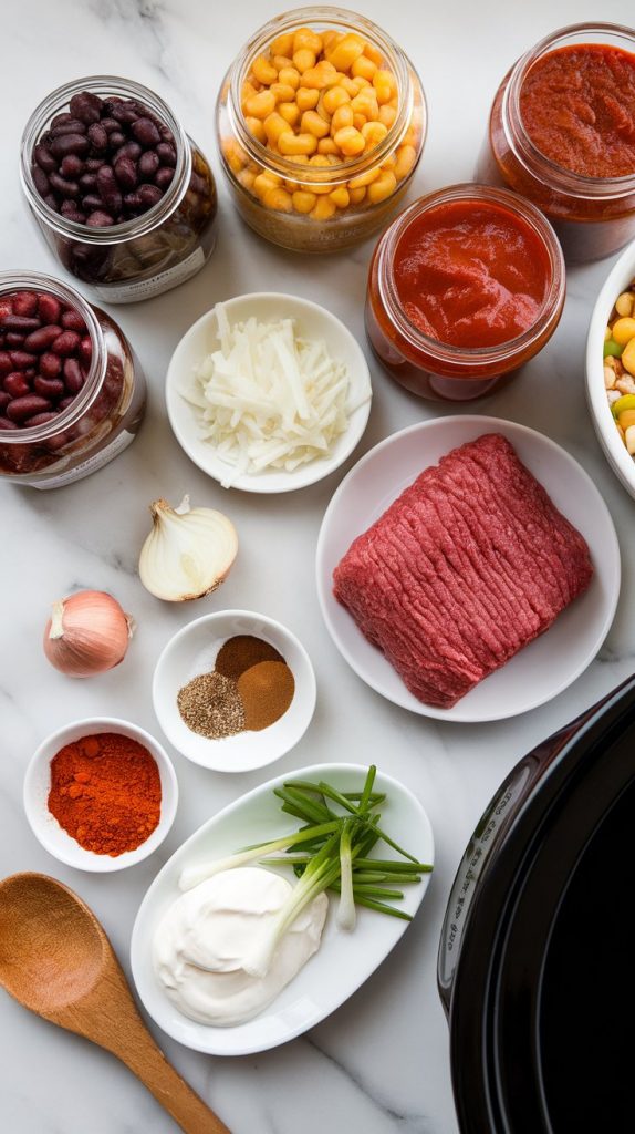 A close-up top-down image showing all ingredients for Crockpot Cowboy Chili laid out on white marble counters with hints of gold