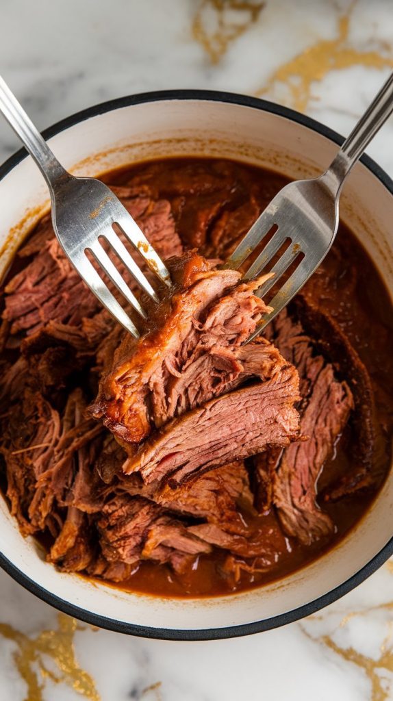 two forks shredding tender brisket inside the chili, revealing juicy pulled beef in rich sauce