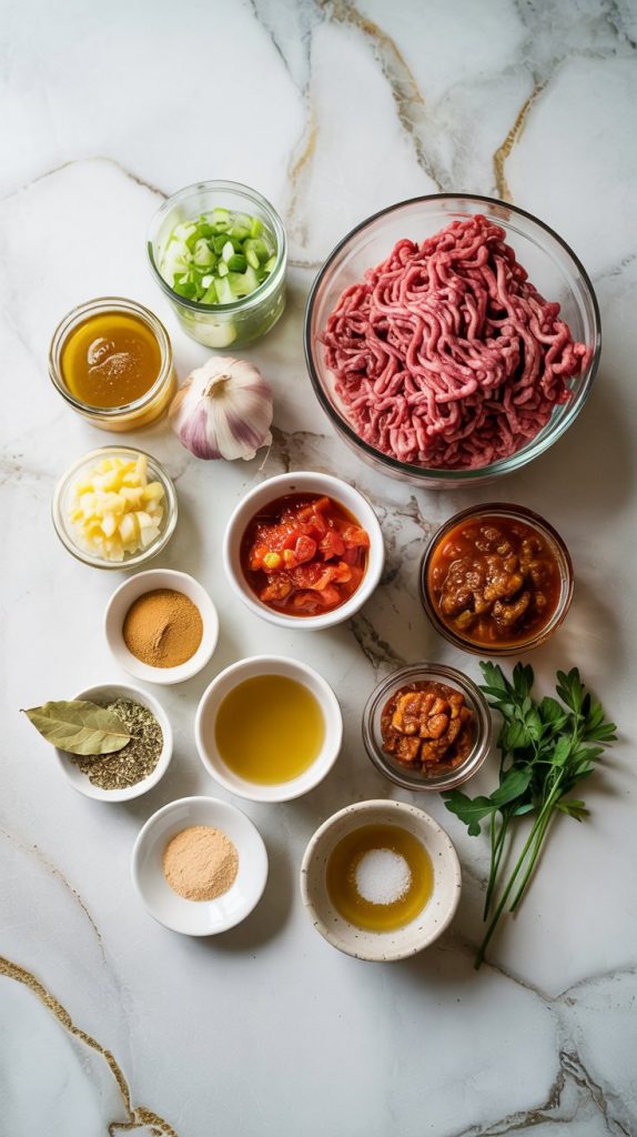 all the ingredients: 2 lbs ground beef, 1 diced yellow onion, 3 garlic cloves, a 28 oz can of crushed tomatoes, a 14 oz can of diced tomatoes, a small bowl of tomato paste