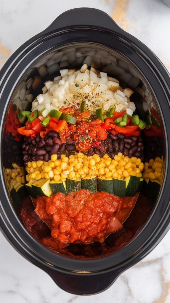 the Crockpot filled with layers of sautéed onion and garlic, diced red and green bell peppers, diced zucchini, black beans, kidney beans, corn, diced tomatoes with juices, tomato paste, vegetable broth