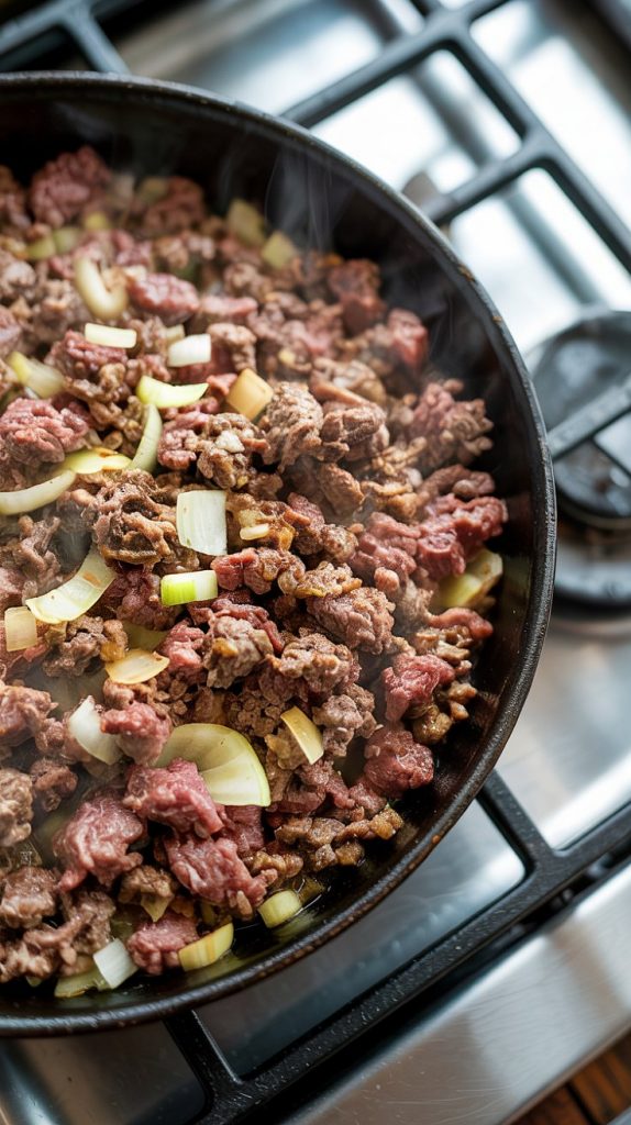 Close-up of browned ground beef and diced onion cooking in a skillet, the beef is fully cooked and slightly caramelized, steam rising