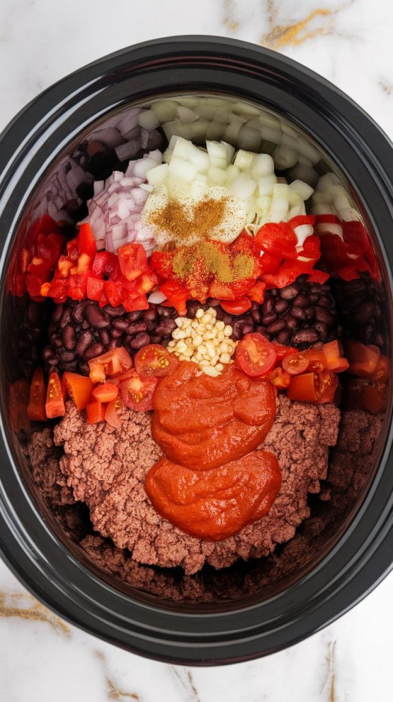 a Crockpot filled with layers of browned meat, diced onion, diced red bell pepper, minced garlic, drained kidney beans and black beans
