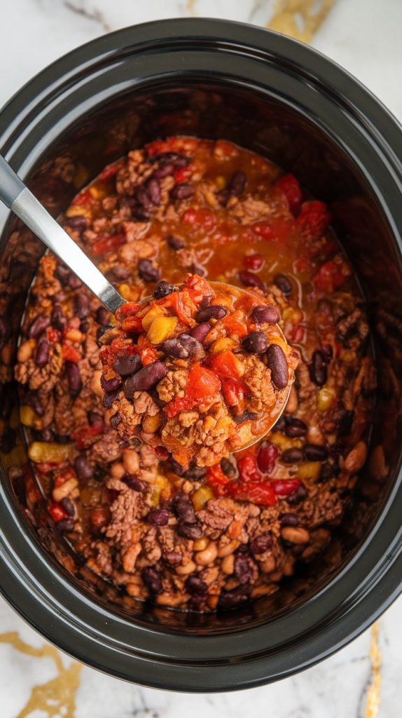kidney beans, black beans, diced tomatoes, tomato sauce, beef broth, and beer freshly poured over the beef mixture inside the Crockpot