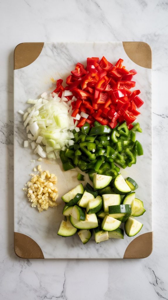 freshly diced yellow onion, red bell pepper, green bell pepper, and zucchini, plus minced garlic neatly separated on a cutting board