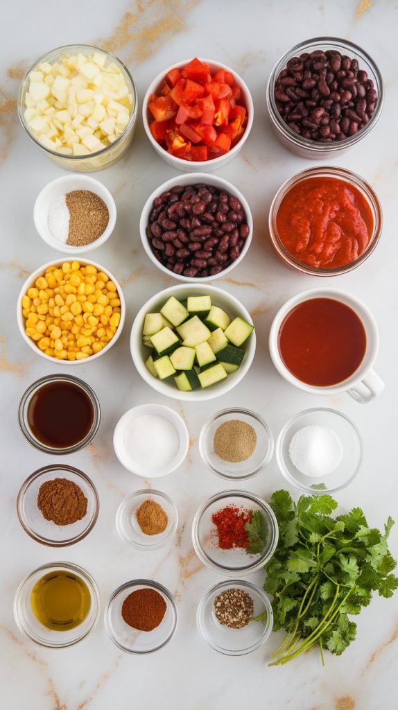 A beautiful flat lay of diced yellow onion, minced garlic, diced red and green bell peppers, diced zucchini, drained and rinsed black beans, drained and rinsed kidney beans, drained corn, diced tomatoes with juices, tomato paste