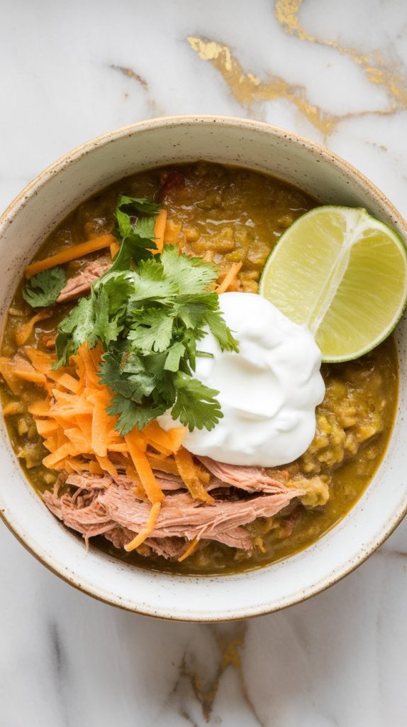 a hearty bowl of slow cooker pork chili verde being finished with a sprinkle of chopped fresh cilantro, a dollop of sour cream, shredded cheese, and a lime wedge on the side