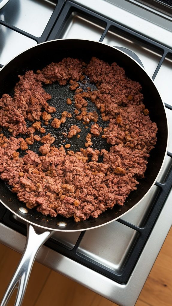 browned ground beef and crumbled sausage cooking in a large black skillet, meat sizzling and slightly crisping