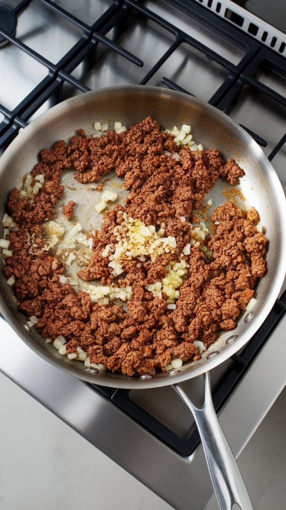 browned ground beef, soft diced onions, and minced garlic sizzling together in a large skillet