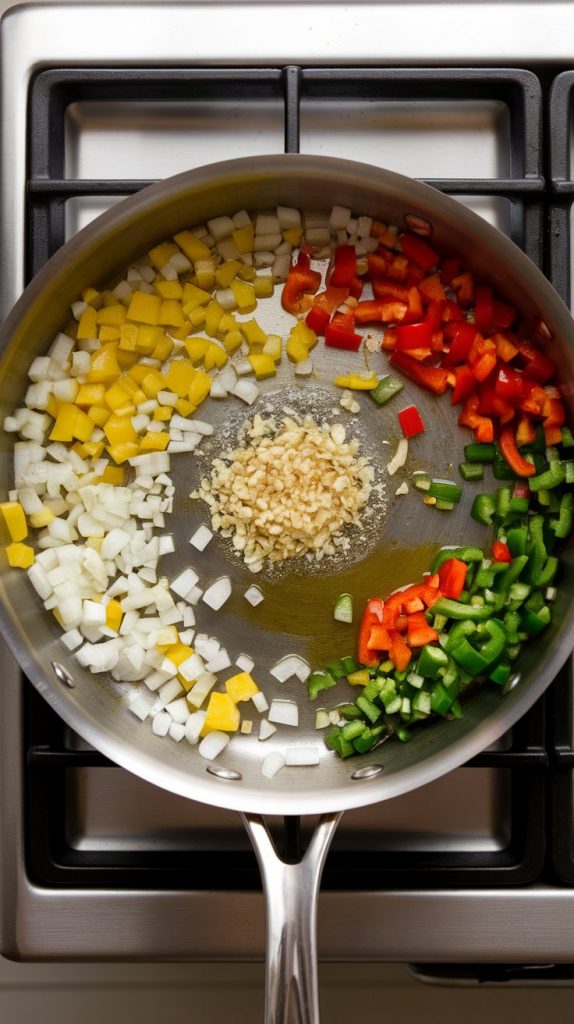 diced yellow onion, red and green bell peppers, and minced garlic sizzling in olive oil in a skillet