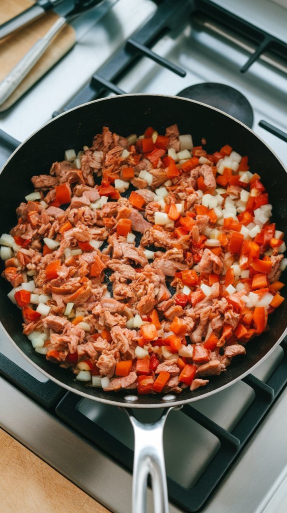 browned turkey mixed with diced onion, diced red bell pepper, and minced garlic in a skillet