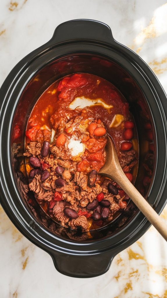 beef broth, tomato sauce, diced tomatoes, kidney beans, and spices being stirred into the slow cooker with the beef mixture