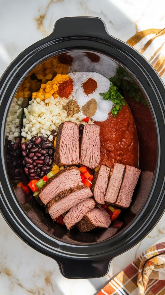 a slow cooker filled with cooked brisket cut into even square chunks, diced yellow onions, minced garlic, diced red and green bell peppers, black beans and red kidney beans