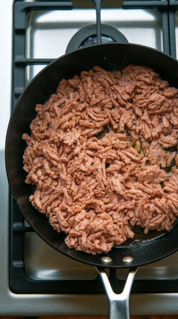 browned ground turkey sizzling in a skillet with a little olive oil