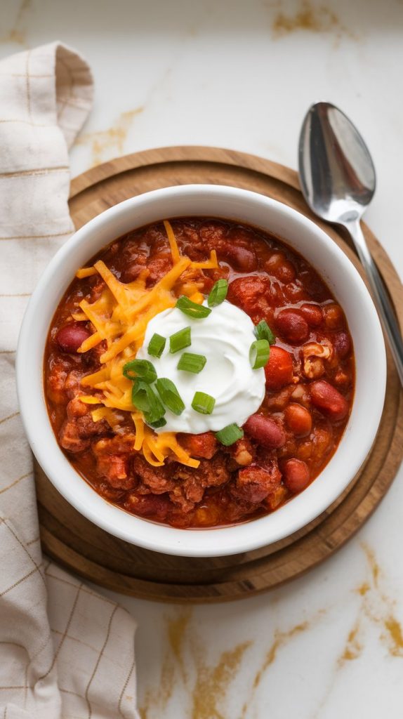 a steaming bowl of finished Crockpot Beer Chili, thick and chunky with beef, beans, and tomatoes, topped with melted shredded cheese, a swirl of sour cream, and fresh chopped green onions
