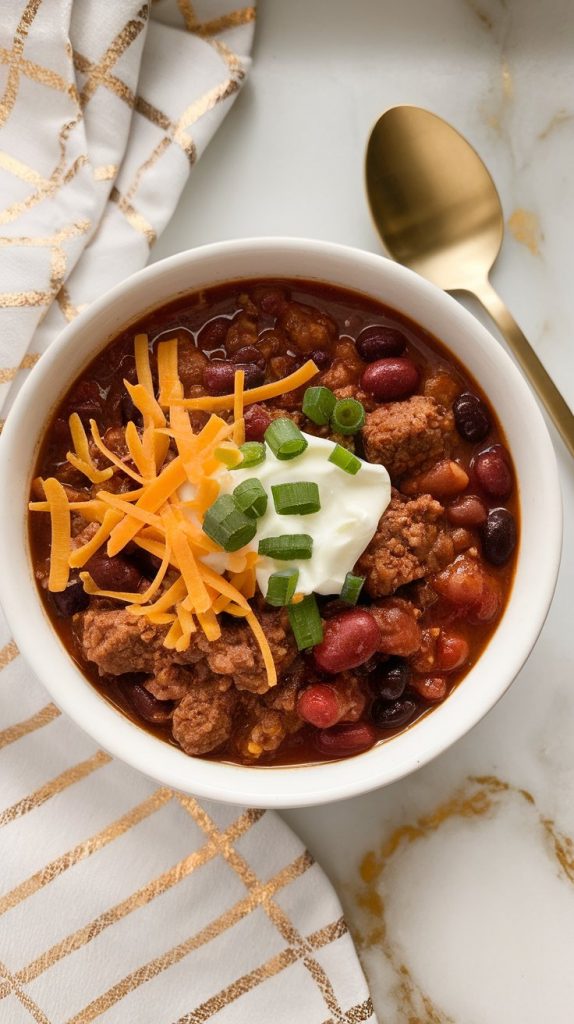 a finished bowl of Crockpot chili with sausage and beef, showing crumbled sausage and ground beef pieces mixed with kidney beans, black beans