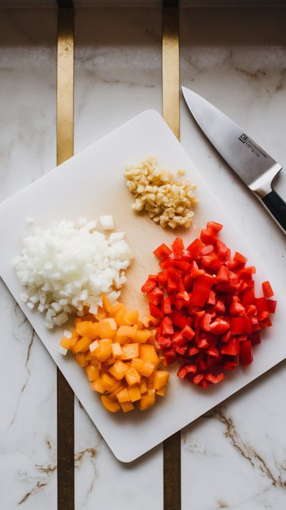 diced onion, diced red bell pepper, and minced garlic neatly arranged on a white cutting board with a sharp knife nearby