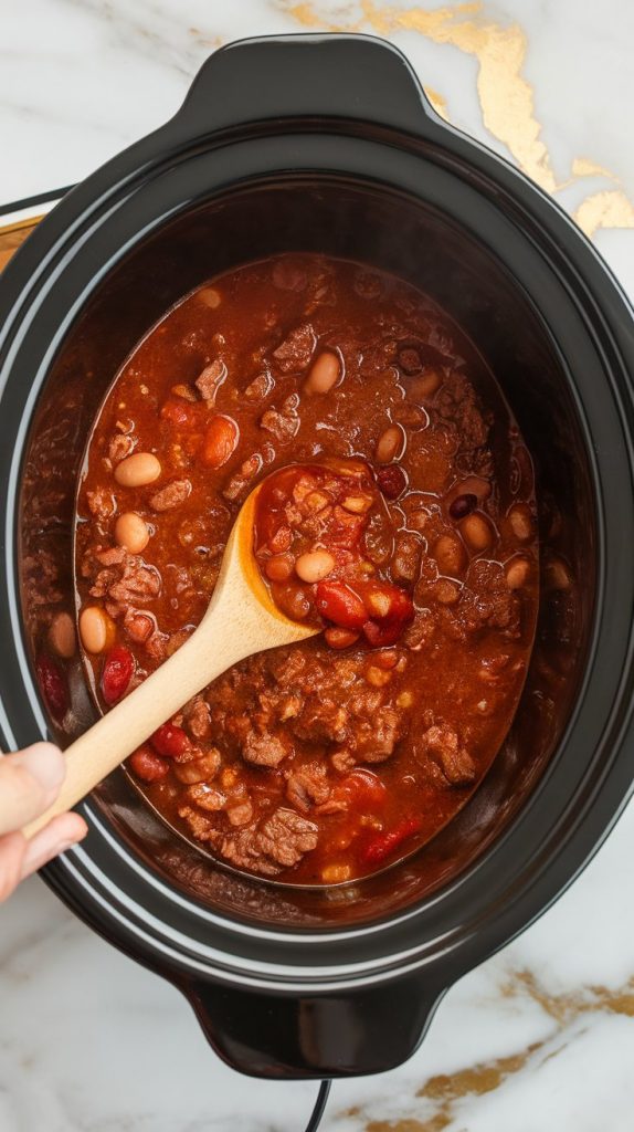 a wooden spoon stirring hearty chili with chunks of beef, sausage, beans, and tomatoes in a Crockpot