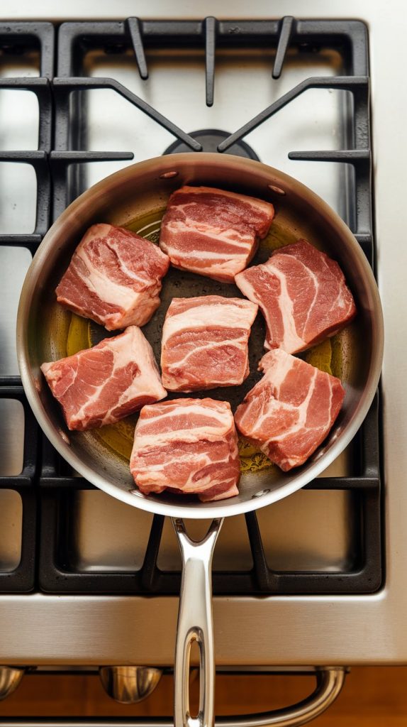 raw pork shoulder cubes sizzling and getting browned in a little olive oil in a stainless steel pan