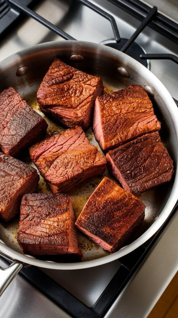 browned brisket chunks sizzling in a pan, with golden crust starting to form