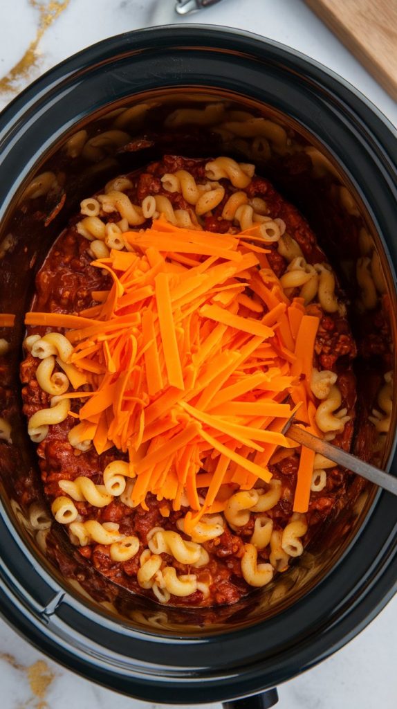 shredded cheddar cheese being stirred into hot chili mac, melting into gooey ribbons throughout the pasta
