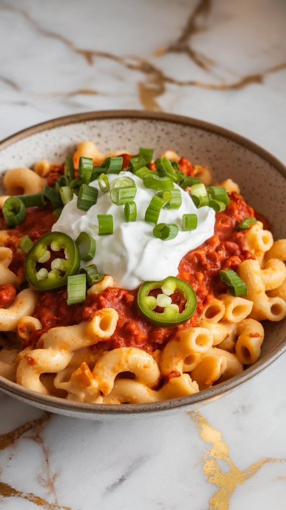 finished chili mac and cheese in a bowl topped with sour cream, chopped green onions, and jalapeños