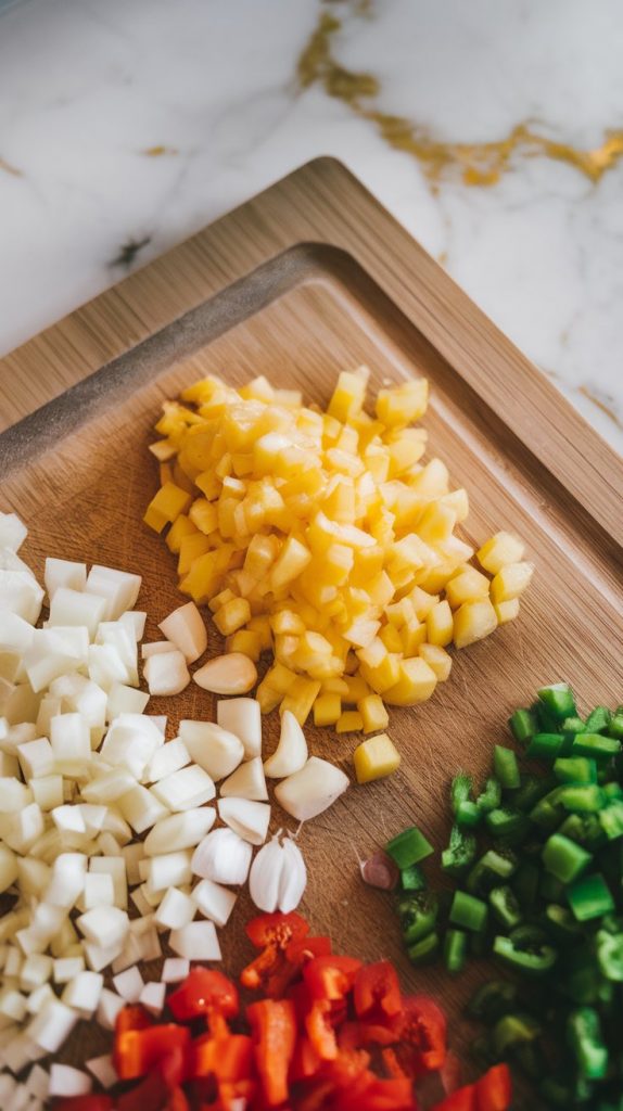 diced yellow onion, minced garlic, and chopped red and green bell peppers on a wooden cutting board