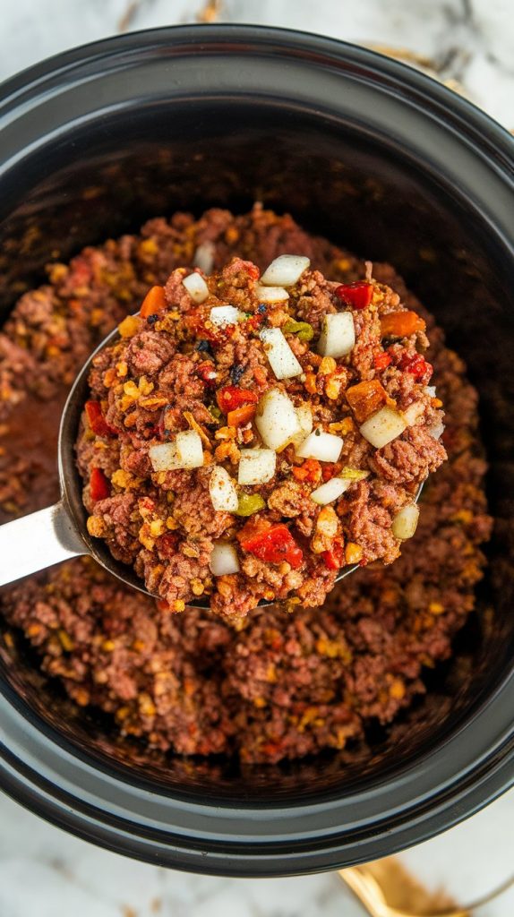 browned and seasoned beef with onions being spooned from the skillet into a Crockpot