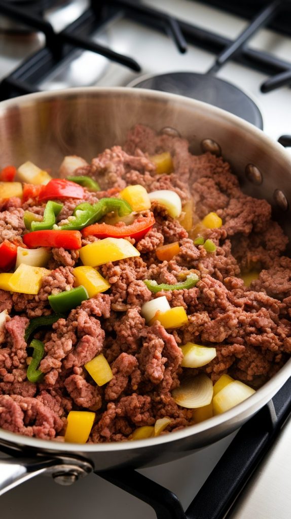 browned ground beef mixed with softened onions and peppers, juicy and golden brown