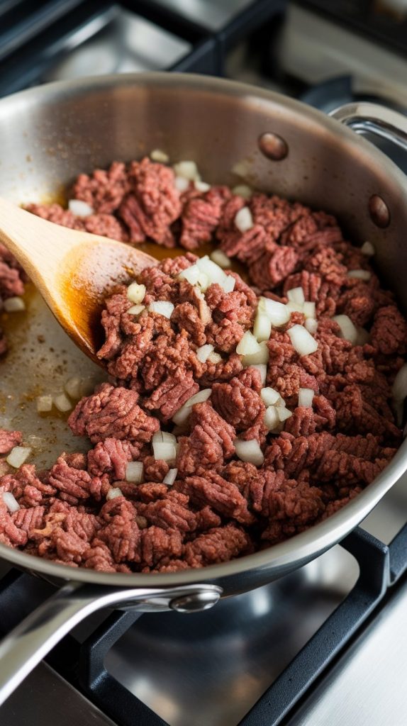 browned ground beef with soft diced onions sizzling in a skillet, wooden spoon stirring it