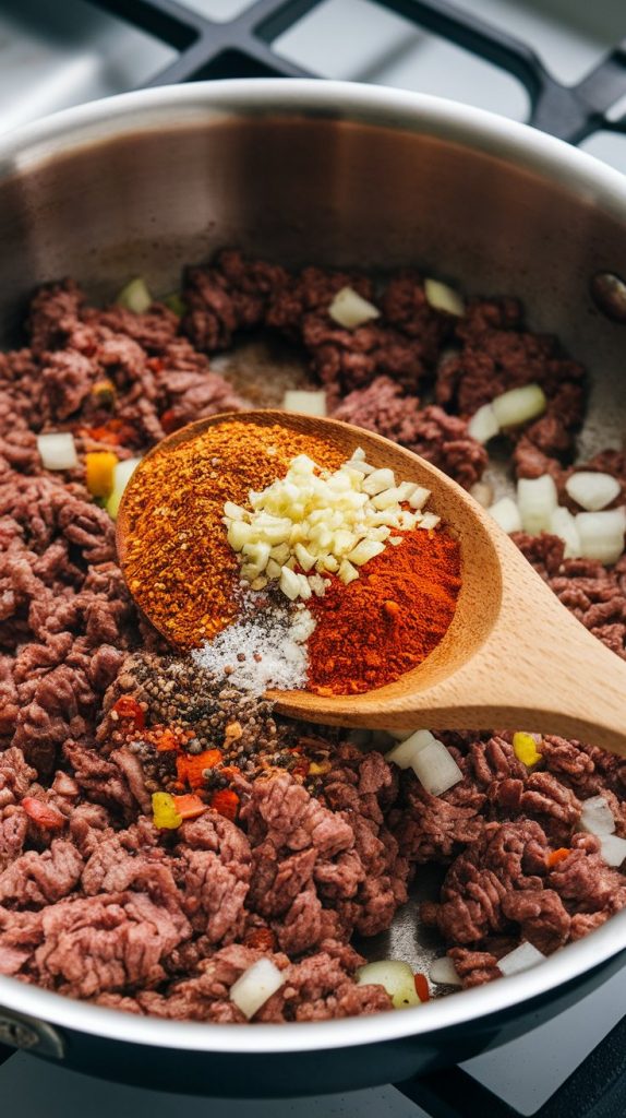 minced garlic and colorful spices (chili powder, cumin, paprika, salt, black pepper, cayenne) freshly sprinkled onto browned beef and onions in the skillet