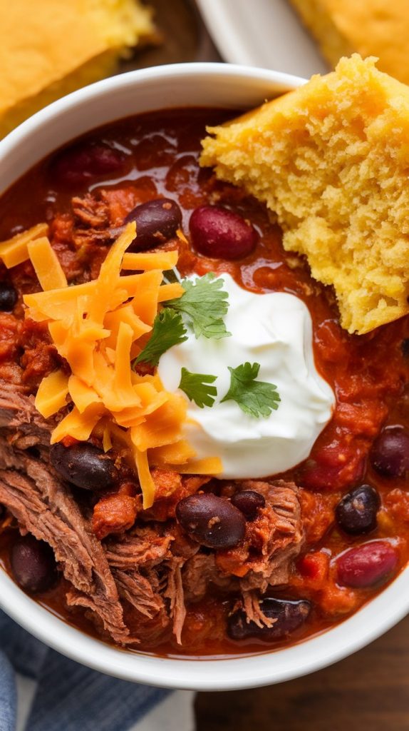 a bowl of slow-cooked brisket chili, showing tender shredded beef, black beans, red kidney beans, and a thick, rich tomato chili base