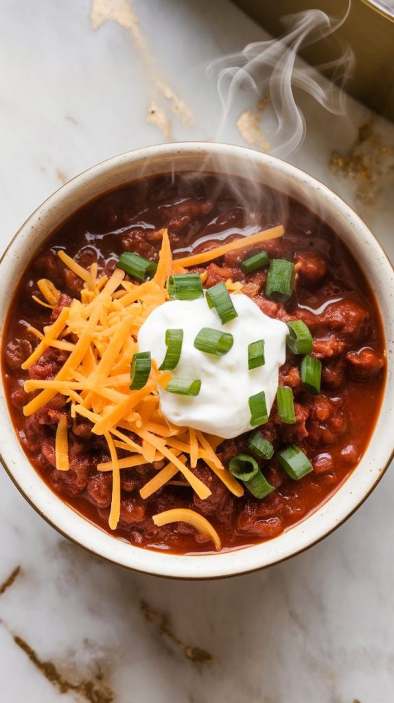 a finished bowl of chili con carne, with melty shredded cheddar, a dollop of sour cream, and chopped green onions on top