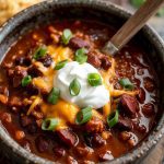 A close-up of a steaming bowl of Crockpot Cowboy Chili in a rustic ceramic bowl, topped with melted cheddar cheese, a dollop of sour cream, and fresh green onions
