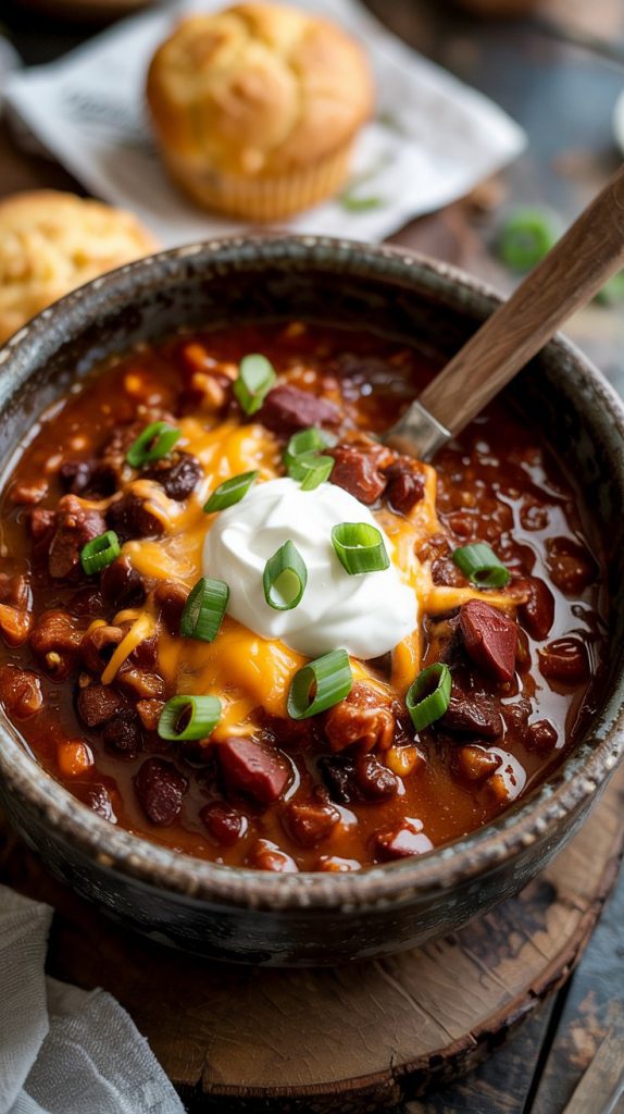 A close-up of a steaming bowl of Crockpot Cowboy Chili in a rustic ceramic bowl, topped with melted cheddar cheese, a dollop of sour cream, and fresh green onions