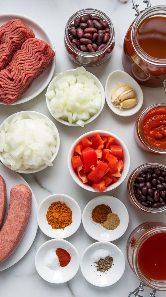 raw ground beef, raw Italian sausage links, diced onion, diced red bell pepper, minced garlic, cans of kidney beans and black beans