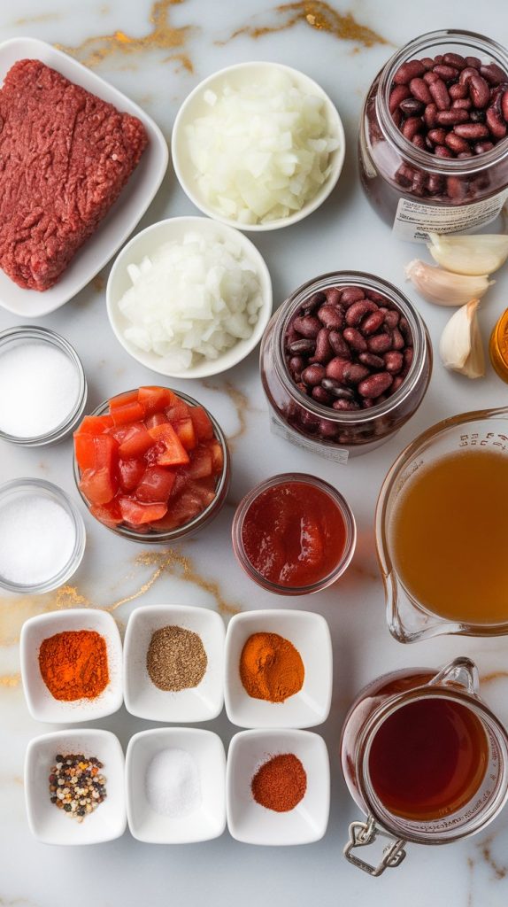 all the Crockpot Beer Chili ingredients: ground beef in a bowl, diced onion, minced garlic, drained kidney beans, drained black beans, cans of diced tomatoes, can of tomato sauce