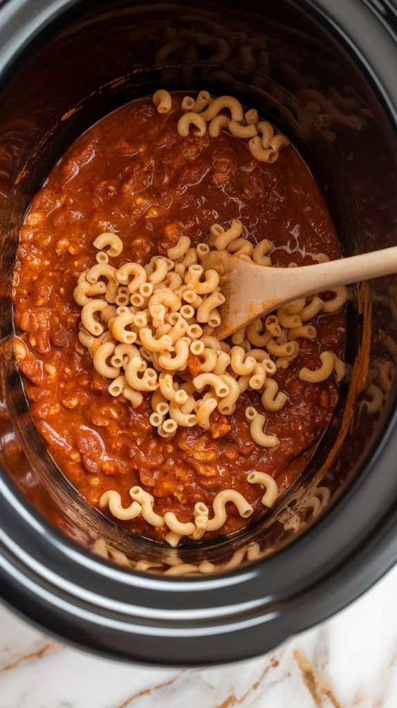 dry elbow macaroni just added into the chili mixture, being stirred in with a wooden spoon