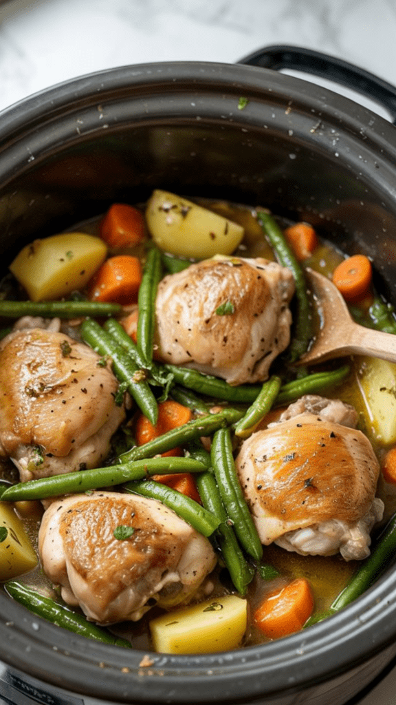 fresh green beans just added on top of the cooked chicken and vegetables in the slow cooker