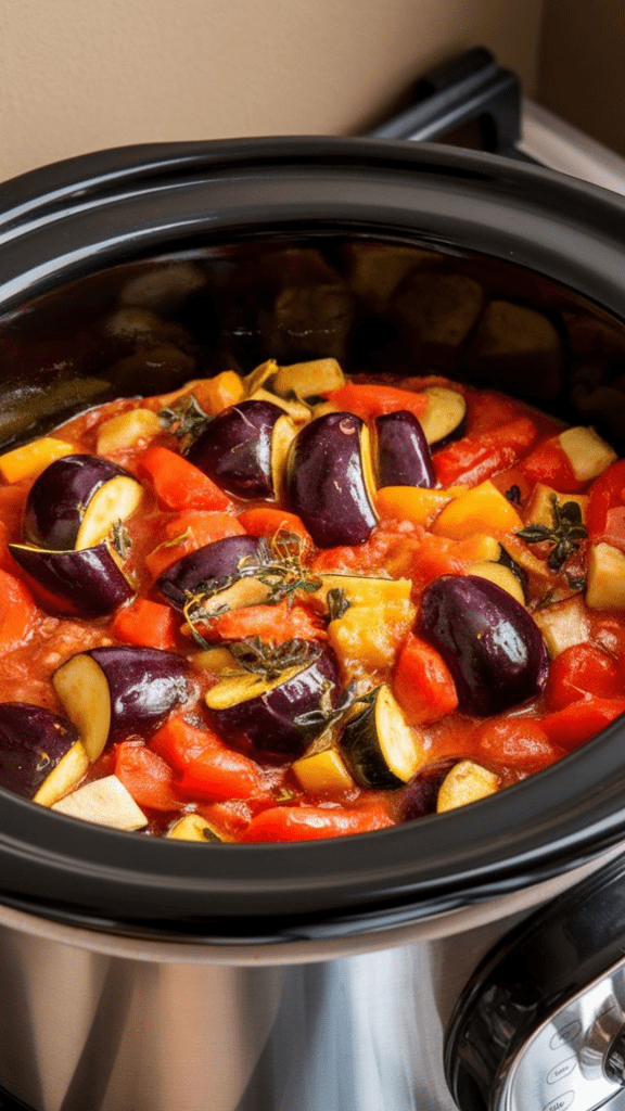 bubbling ratatouille inside the slow cooker halfway through cooking, showing softened veggies in a rich tomato sauce with herbs visible