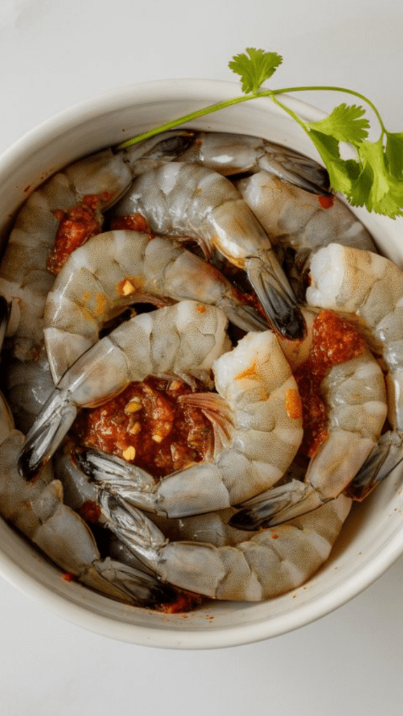 raw shrimp coated in red salsa, olive oil, and spices (chili powder, cumin, garlic powder), glistening and ready to cook in a white bowl