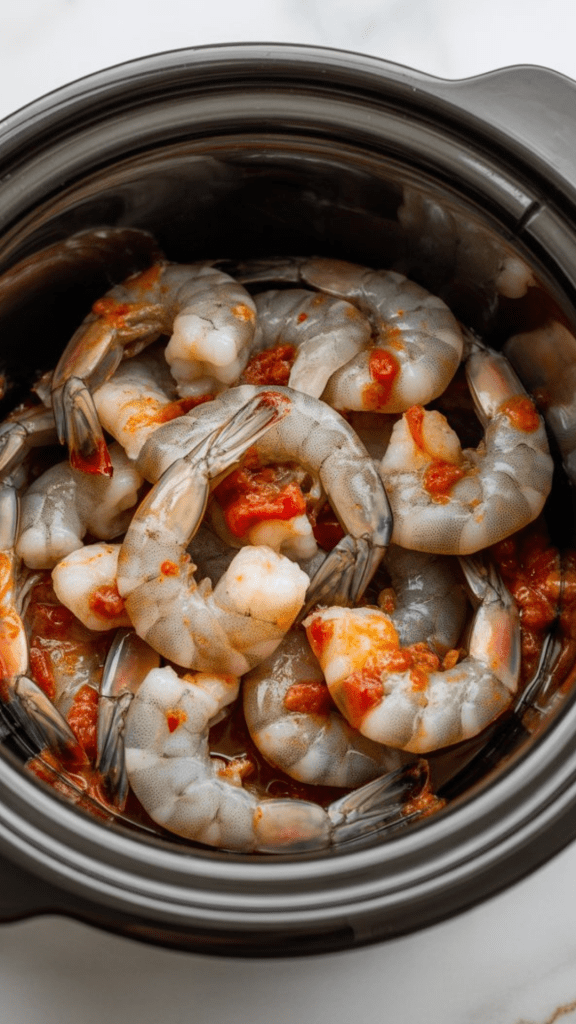 shrimp and salsa mixture being added to a crockpot insert, with the seasoned shrimp nestled in a thick red sauce